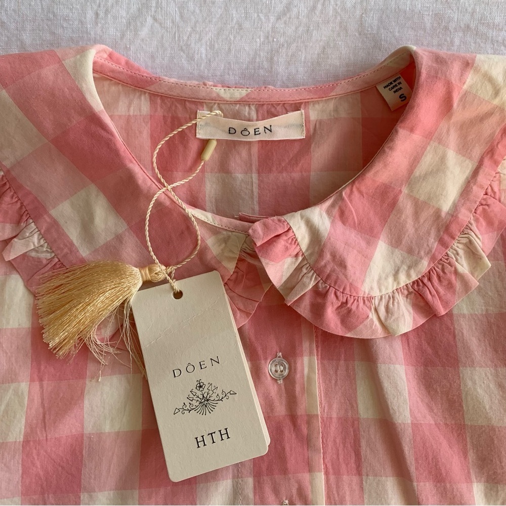 NWT Doen Paz Cotton Pink Ruffle Collar Pajama Blouse Top Rosette Gingham - Picture 8 of 11